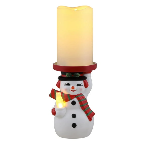 Mr. Christmas 6-Inch Ceramic Lit Snowman Candle Holder and Flameless Candle, Traditional, Timer Operated