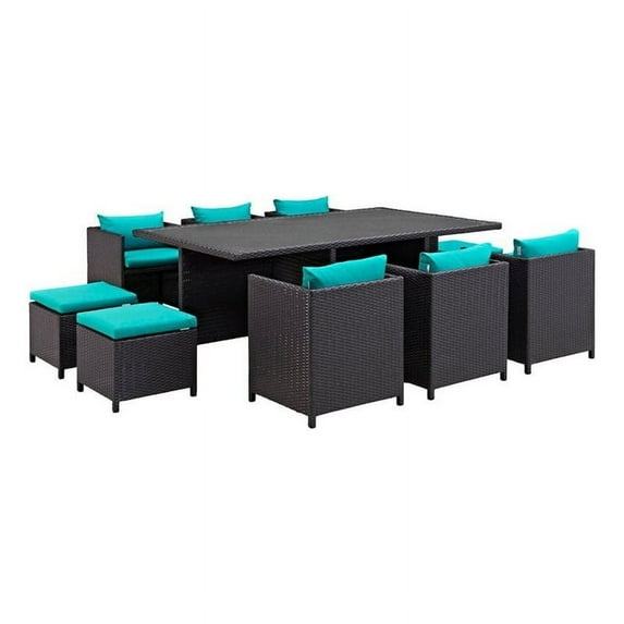 6 Chair and 4 Ottoman Wicker Patio Set with Rectangular Table Blue and Gray