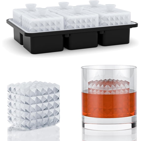 6 Chamber 1.97” 3D Crystal Square Silicone Ice Cube Tray with Funnel ...