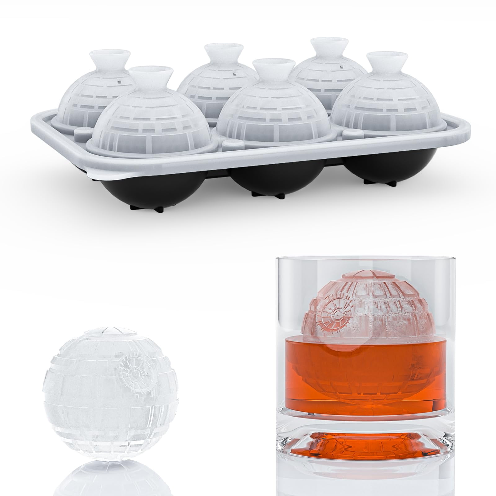 6 Chamber 2.34" 3d Death Star Ball Ice Cube Tray With Funnel Large Round Molds Silicone Fun Shapes Circle For Chilling Brandy And Beverages