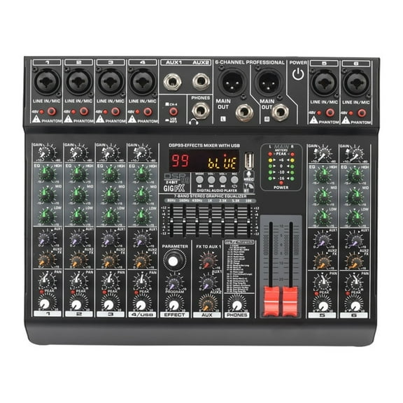 6 Channel Sound Mixer 99 Effect Mix Table EQ Audio Mixing Console Desk USB Play Record 48V DJ Controller ,Easy to Use