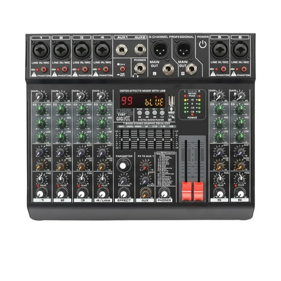 6 Channel Audio DJ Mixer Individual 48V 2 AUX Output Mixing Console 7 Band EQ 99 Effect USB Play Sound Table