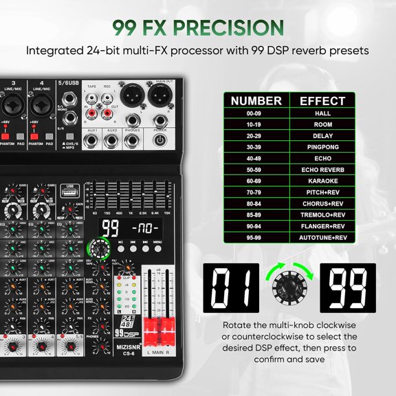 6-Channel Audio Mixer Console with 99 Effects, USB, 48V Phantom Power for Live Streaming Recording