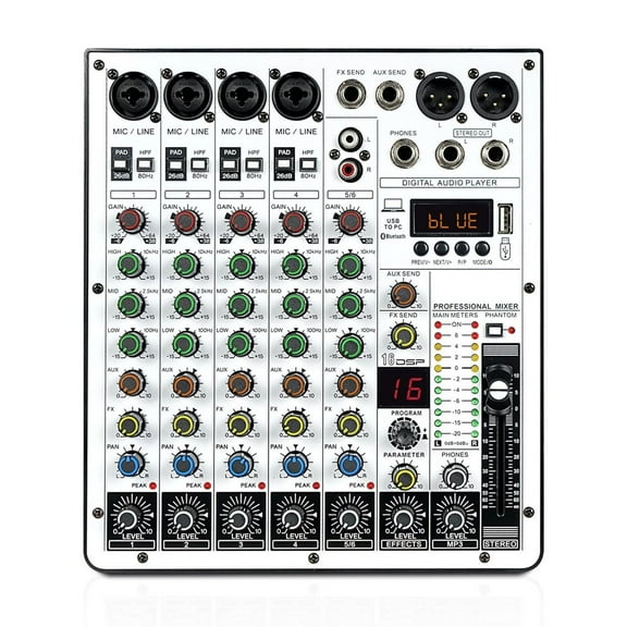 6-Channel Audio Mixer, DJ Mixer With USB Audio Interface, Function, 16 DSP Effects, And 3-Band EQ (ARMX-6) ,Easy to Operate