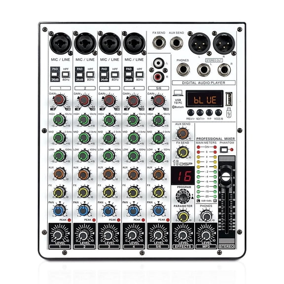 6-Channel Audio Mixer, DJ Mixer With USB Audio Interface, Function, 16 DSP Effects, And 3-Band EQ ,Easy to Use