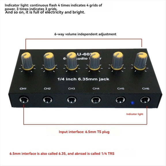 6 Channel Audio Mixer Headphone Microphone Mic Amplifier Hub Distributor 6.35mm Jack 1/4 TRS Amplifier