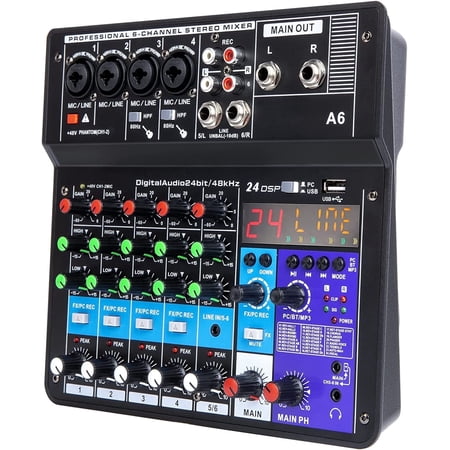 SUNMON 6-Channel Audio Mixer - Portable Digital Line Mixer Console Built-in 24 DSP Effects BT Function with Sound Card, 48V Phantom Power(Metal)
