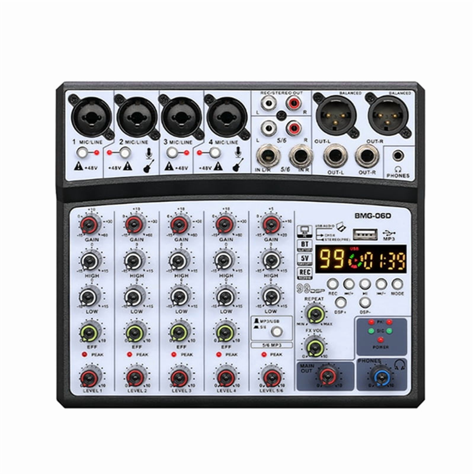 6 Channel Audio Mixer Portable Mixing Console USB Interface Sound Card with 99- 48V Phantom Power US Plug