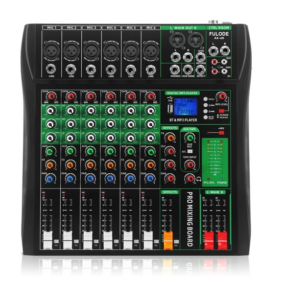 6 Channel Audio Mixer, Professional DJ Mixer Board Sound Music Mixing Console Digital Mixer with Reverb, Bluetooth, USB Port, 48V Phantom Power for Recording Karaoke Podcasting