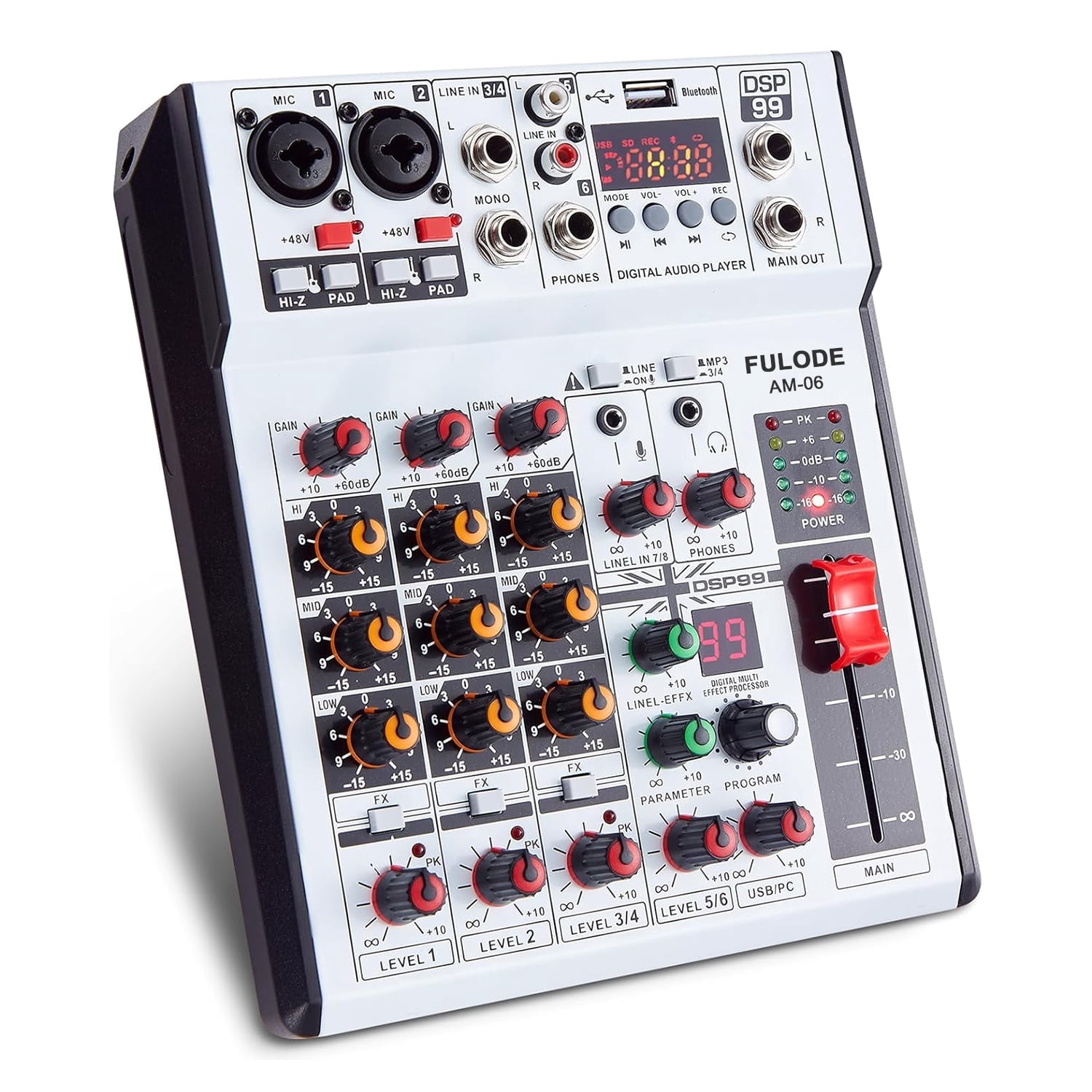 6 Channel Audio Mixer Professional Sound Board Console w/99 DSP Effects 48V Phantom Power Bluetooth USB Interface Stereo DJ Mixer Board for Karaoke Live Performance DJ Stage
