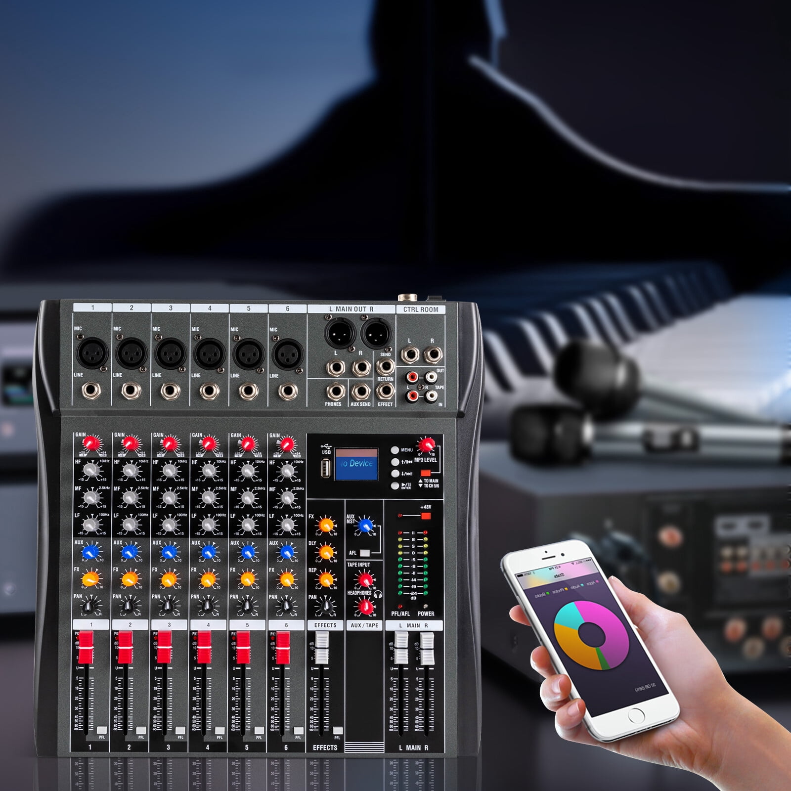6-Channel Black Metal Professional Mixer Audio Corded Electric Multifunctional Mixer Audio for DJ Music Studio Recording