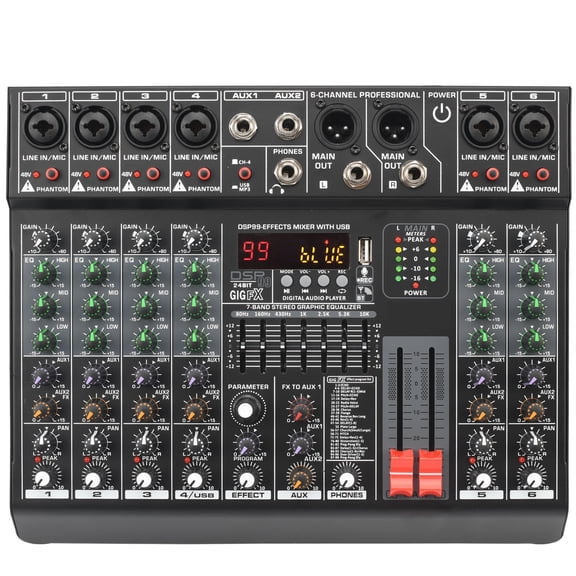 6 Channel DJ Mixer Individual 48V 2 AUX Output Mixing Console 7 Band EQ 99 Effect USB Bluetooth