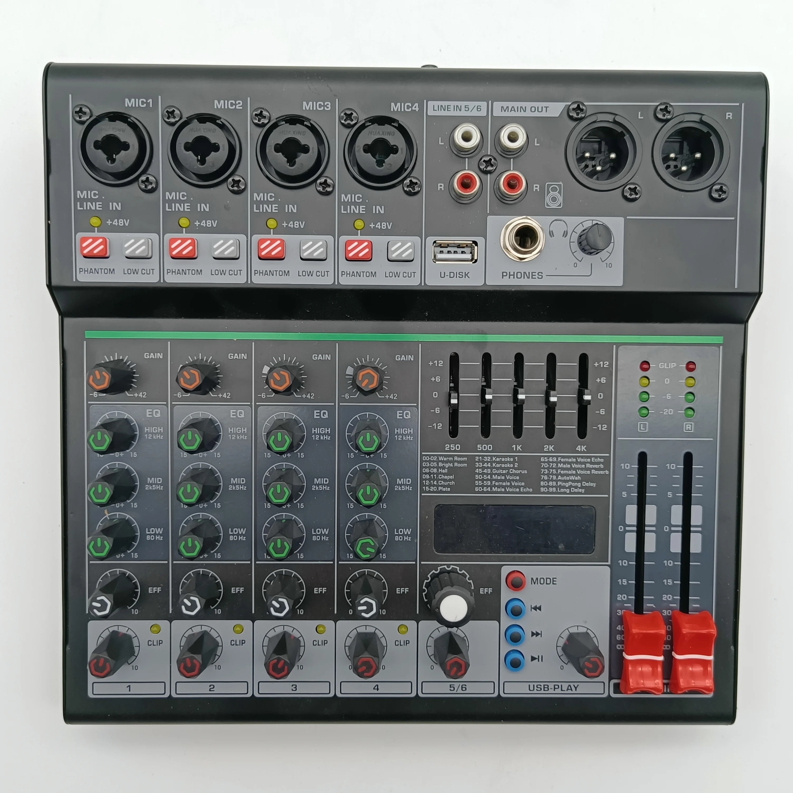 6 Channel DJ Mixer Individual 48V Output Mixing Console 7 Band EQ 99 Effect USB Bluetooth
