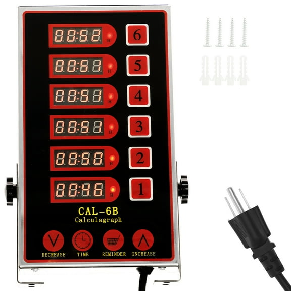 6-Channel Digital Timer LED Stainless Steel Loud Alarm Waterproof Reminder Commercial Cooking Includes 2 Hooks, 4 Adhesive Pads, and 4 Screws