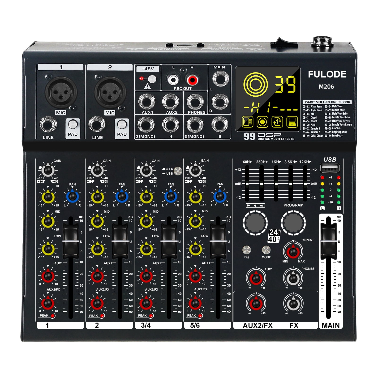 6 Channel Mixer Audio, Professional Music Sound PA Mixer DJ Mixing Board Console with 99 DSP Effects, 5-band EQ, Bluetooth, USB Interface, 48V Phantom Power for Recording Stage Karaoke
