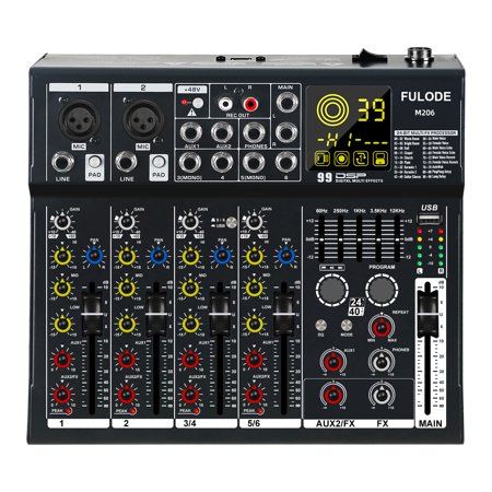 6 Channel Mixer Audio, Professional Music Sound PA Mixer DJ Mixing Board Console with 99 DSP Effects, 5-band EQ, Bluetooth, USB Interface, 48V Phantom Power for Recording Stage Karaoke