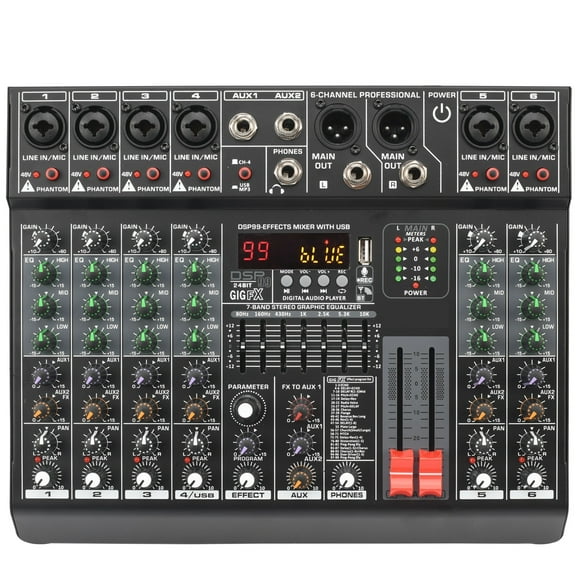 6 Channel Mixing Console 99 Effect 7 Band EQ Sound Mixer USB PC Record Bluetooth AUX DJ Controller