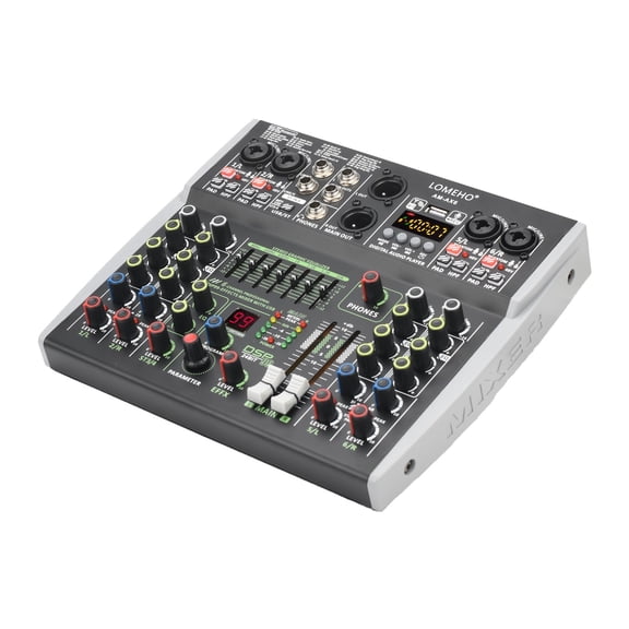 6 Channel Mixing Console Bluetooth 7 Band EQ Sound Mixer 48V 99 DSP Effects Professional USB PC AM-AX6 ,Easy to Operate