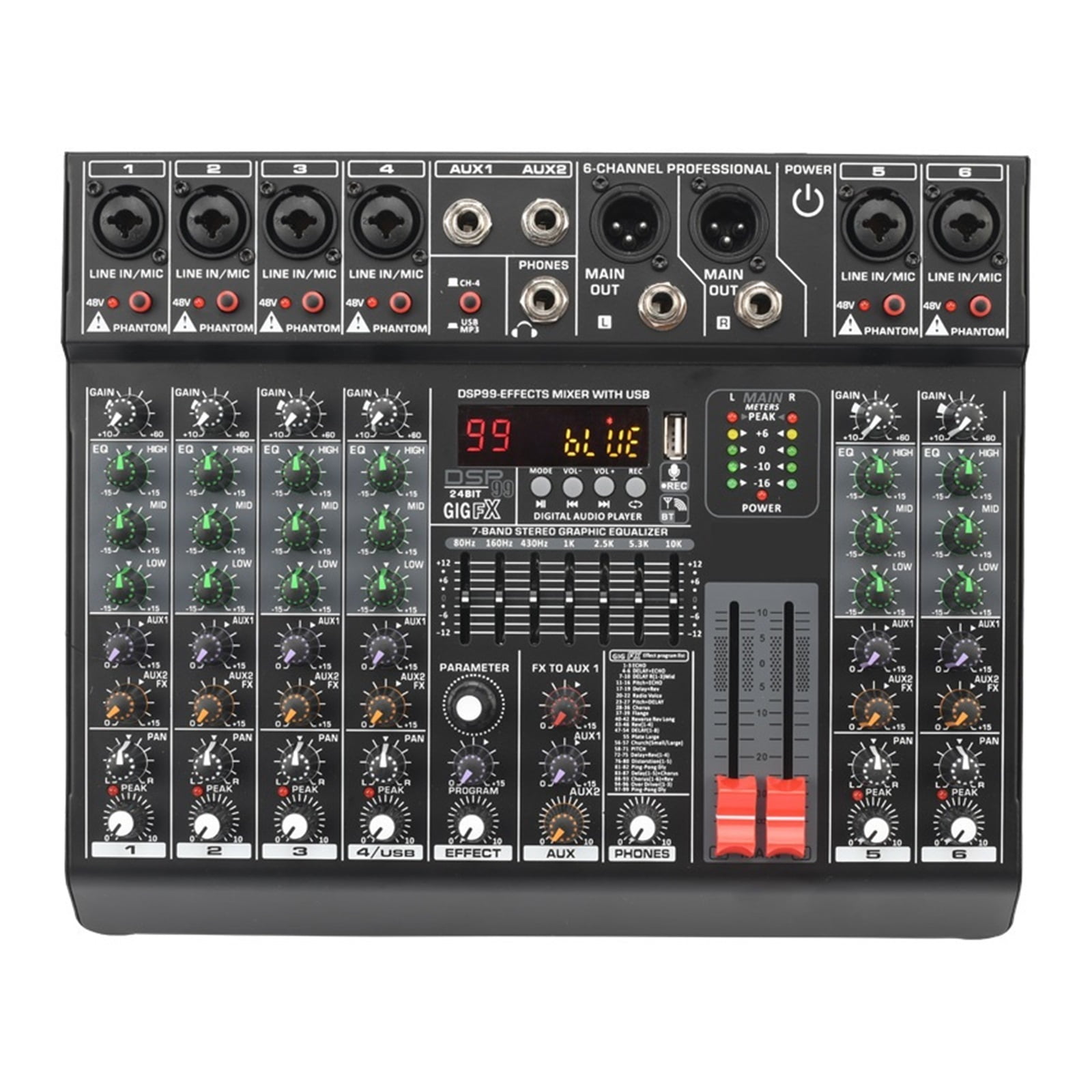 6 Channel Sound Mixer 99 Effect Mix Table EQ Audio Mixing Console Desk