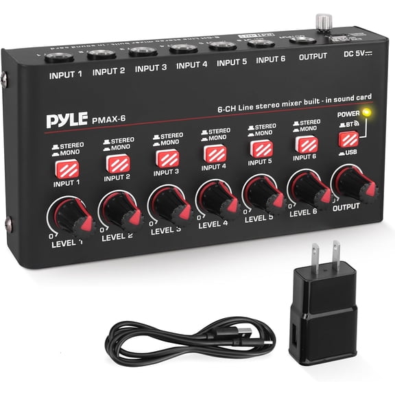6-Channel Wireless BT Streaming Mini Line Mixer with USB Audio Interface - 6 Mono/Stereo Switching Inputs