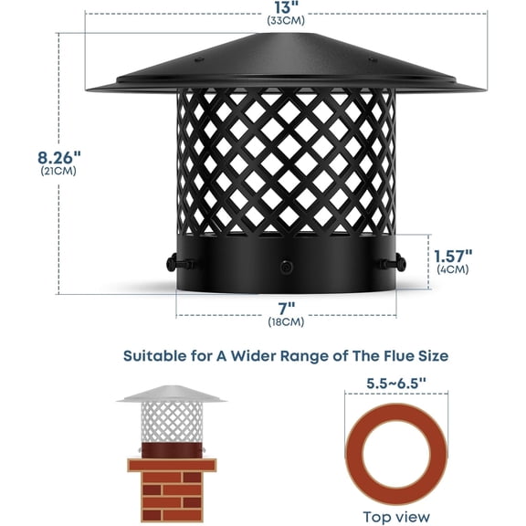 6" Chimney Cap, Fireplace Round Chimney Cover for Outside Adjustable Bottom to Fit Existing Clay Flue Tile Sizes, Chimney Flue Rain Caps