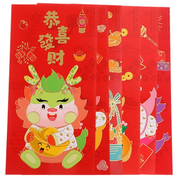 6 Chinese Red Pocket 2024 Lai See Envelopes Dragon Money Bags