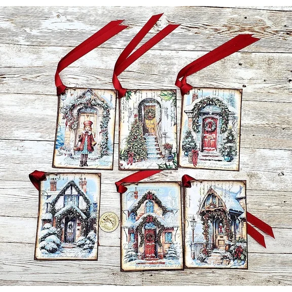 6-Christmas-Watercolor Style-Front Door-Glitter-Linen Cardstock-Gift-Hang-Tags