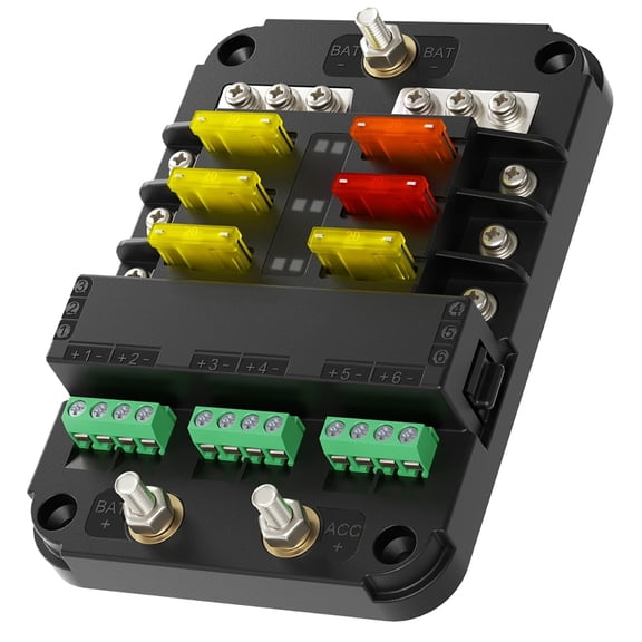 6-Circuit Waterproof DC Fuse Block with Negative Bus & LED Fault Indicator