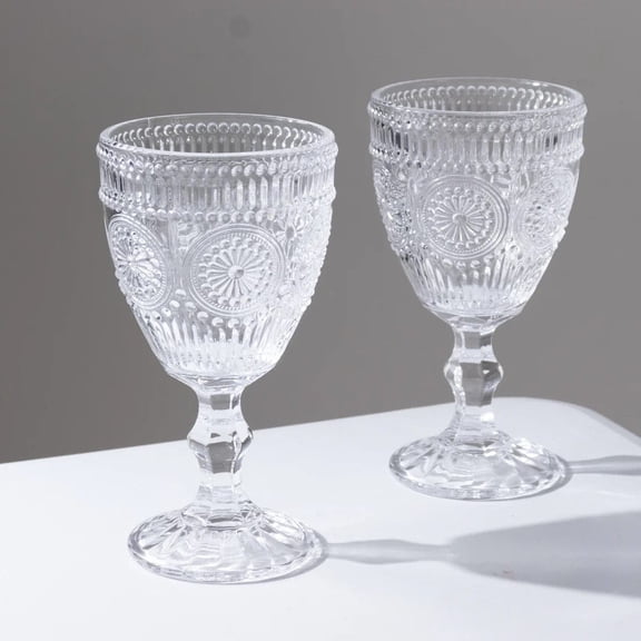 6 Clear 11 oz Goblets Vintage Wine Glasses with Embossed Floral Pattern Wedding Party