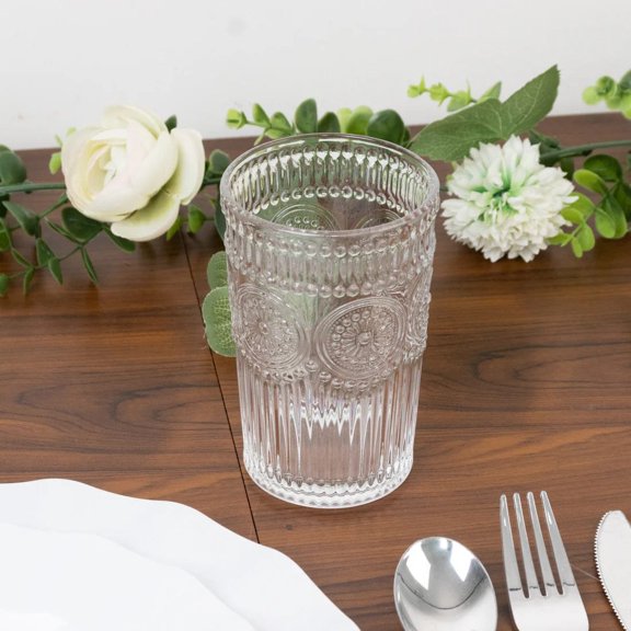 6 Clear 13 oz Round Glass Tumblers with Vintage Floral Embossed Pattern Party Tableware