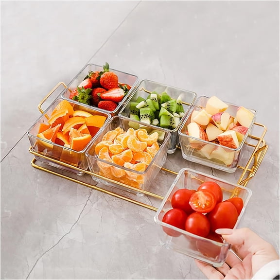 6 Clear Glass Serving Bowls Set with Metal Rack Tray, Removable Condiment Dishes Serving Bowls Buffet Server Display Relish Tray for Fruit Dessert Appetizer Nuts Snacks Candy Chip Dip Bowl