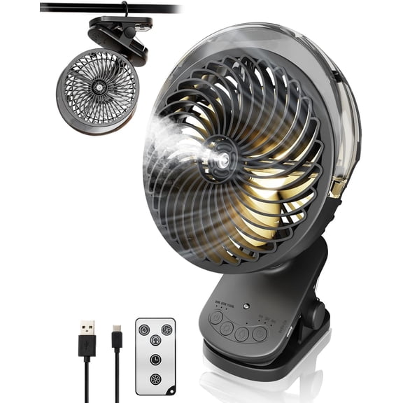 6 Clip on Fan with Mist & LED Light 8000mAh Portable Rechargeable Battery Operated Desk Remote 45Hrs Quiet Auto Oscillation Small USB for Golf Cart Tent Treadmill Black