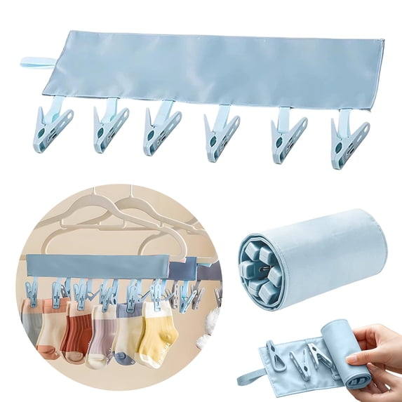 6 Clip Foldable Travel Hanger, Portable Underwear Sock Drying Rack, Travel Hanger Clips, Compact Swimsuit Laundry Hanger, Travel Bathing Suit Clothes Hook, Towel Drying Rack, Sock Dock,Blue