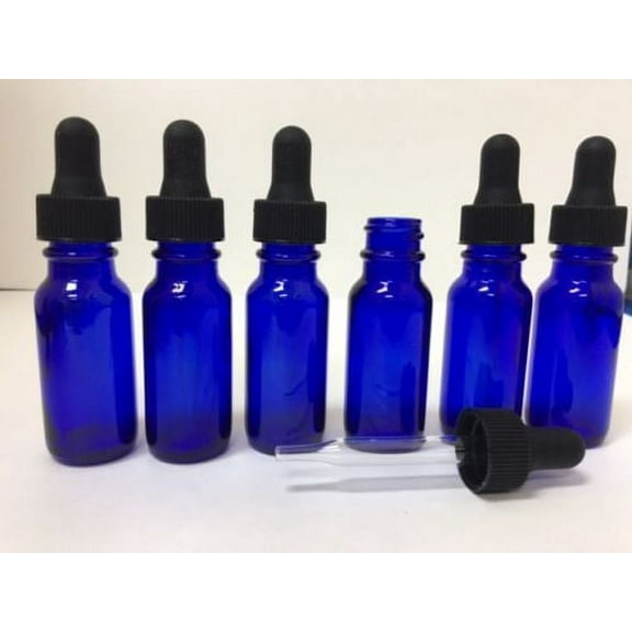 6 - Cobalt Blue 1/2Oz Glass Boston Round Bottles With Glass Dropper