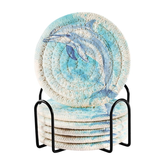 6 Coil Coasters 3.94x3.94x0.24 Inch Water Coasters Drink Coasters with Cup Holders Absorbent Coasters Heat Resistant for Bar Protection Blue Watercolor Dolphin