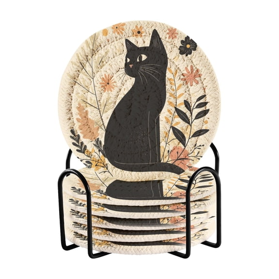 6 Coil Coasters 3.94x3.94x0.24 Inch Water Coasters Drink Coasters with Cup Holders Absorbent Coasters Heat Resistant for Bar Protection Cute Black Cat Pattern