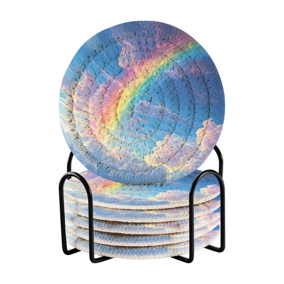 6 Coil Coasters 3.94x3.94x0.24 Inch Water Coasters Drink Coasters with Cup Holders Absorbent Coasters Heat Resistant for Bar Protection Picturesque Rainbow Cloud