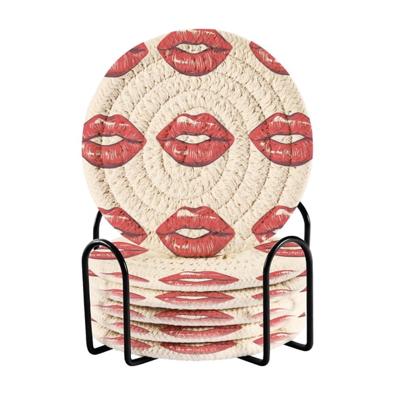 6 Coil Coasters 3.94x3.94x0.24 Inch Water Coasters Drink Coasters with Cup Holders Absorbent Coasters Heat Resistant for Bar Protection Red Lip Pattern