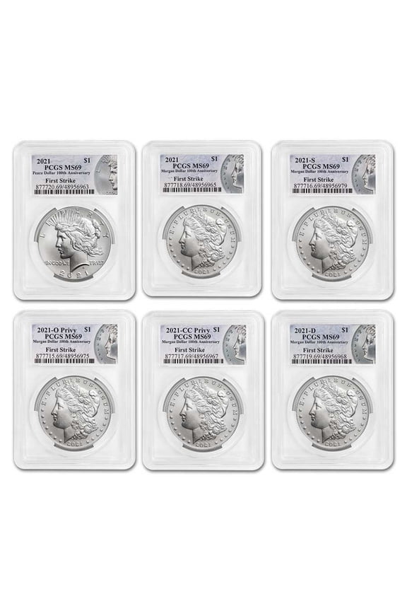 6-Coin 2021 Morgan/Peace Dollar Set MS-69 PCGS (FS)