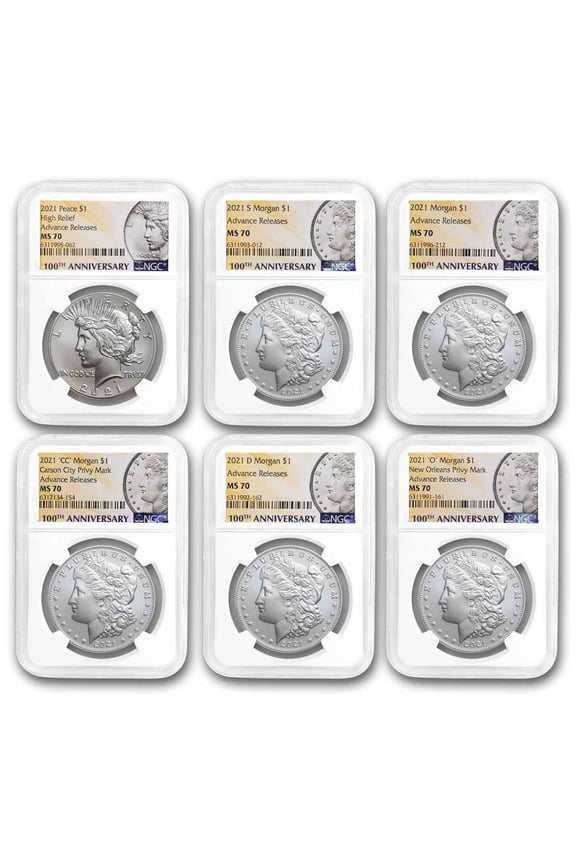 6-Coin 2021 Morgan/Peace Dollar Set MS-70 NGC (AR)