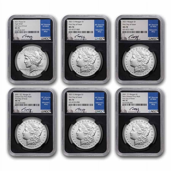 6-Coin 2021 Morgan/Peace Dollar Set MS-70 NGC (FDI, Moy)