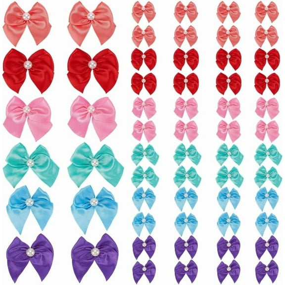 6 Color 72Pcs Coquette Hair Bows Bulk Ribbon Coquette Bows with Pearl Polyester Soft Red Pink Blue Orange Purple Cute Plain