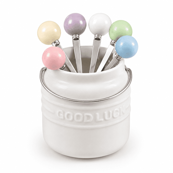 6 Color-Coded 304 Stainless Steel Fruit Forks with White Ceramic Holder, Small Food Pick Forks for Fruit, Cheese & Appetizers