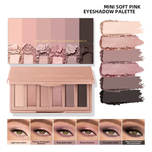 6-Color Eyeshadow Palette Matte Subtle Shimmer Mini Eyeshadow Compact - Soft Pigment Powder for Everyday Wear Romantic Date Night or Sweet Girly Looks - Fine Velvety Texture Easy to Apply Blend