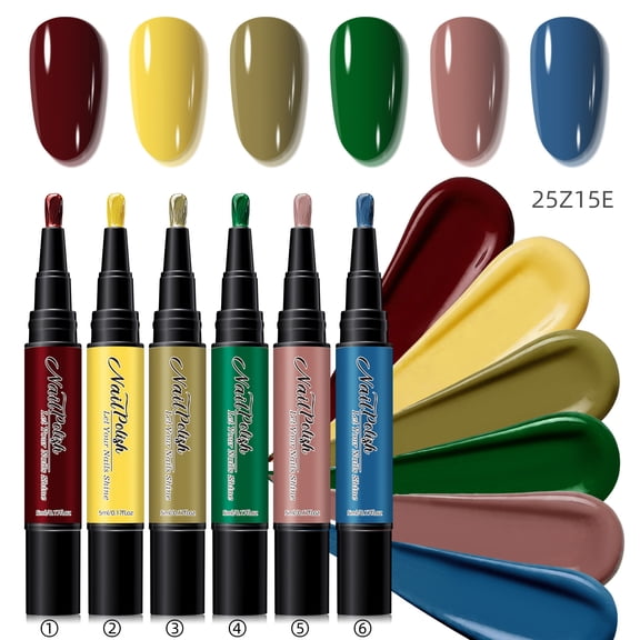 6 Color Nail Polish Pen Set, Liquid Nail Art Kit with Brush Applicator for Beginners & Travel, Precise Manicure Touch Up, 6ml Each