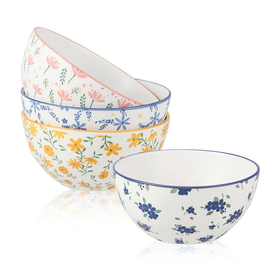 6" Colorful Ceramic Bowls with Floral Patterns - Wide Deep Porcelain Ramen Bowls - Kitchen Bowl for Serving Breakfast | Salad | Oatmeal | Noodle | Pho - 4 Pack - 23.6 oz