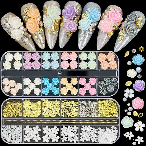 6 Colors Flowers Nail Charms Pearls, Rhinestones & Caviar Beads DIY Nail Art Decorations & Craft Accessories for Acrylic Nails