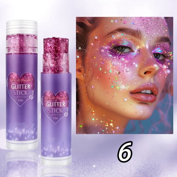 6 Colors Glitter Stick Waterproof Face Body Hair Glitter Gel Long-Lasting Makeup for Festivals Parties Raves Concerts, Multi-Use Shimmer Stick for Eyes Cheeks Lips Hair, Mess