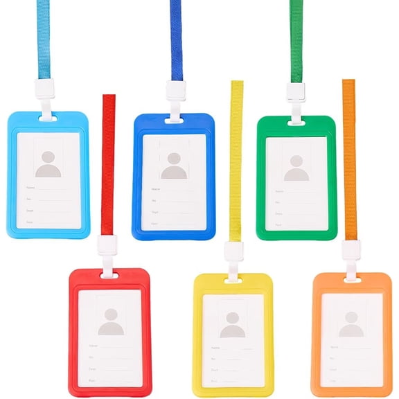 6 Colors ID Card Badge Holder with Removable Lanyard Rectangle 6Pcs Employee ID Cards Protector Clear Hall Pass Cover Case