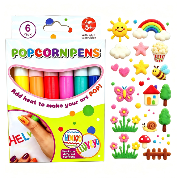 6 Colors Puffy Paint Pens, Popcorn Drawing Markers, Non-Toxic 3D Bubble Art Pens for Pupils, DIY Crafts for Greeting Cards, Birthday, Fabric, Canvas & Paper Art Projects
